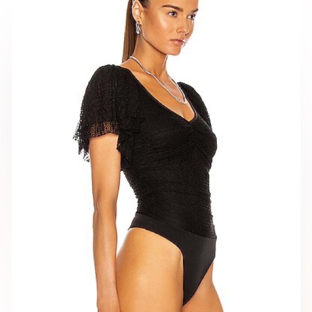 NWOT Cinq a Sept Black Lace Ruffle Sleeve Bodysuit Sheer Thong Snap Closure